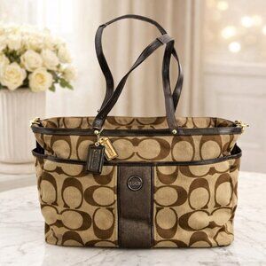 Coach 21865 Signature Stripe Khaki Brown Weekender Diaper Travel Tote